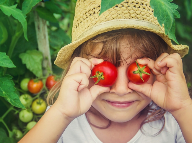 Young girl wearing hat and holding tomatoes over her eyes while smiling
