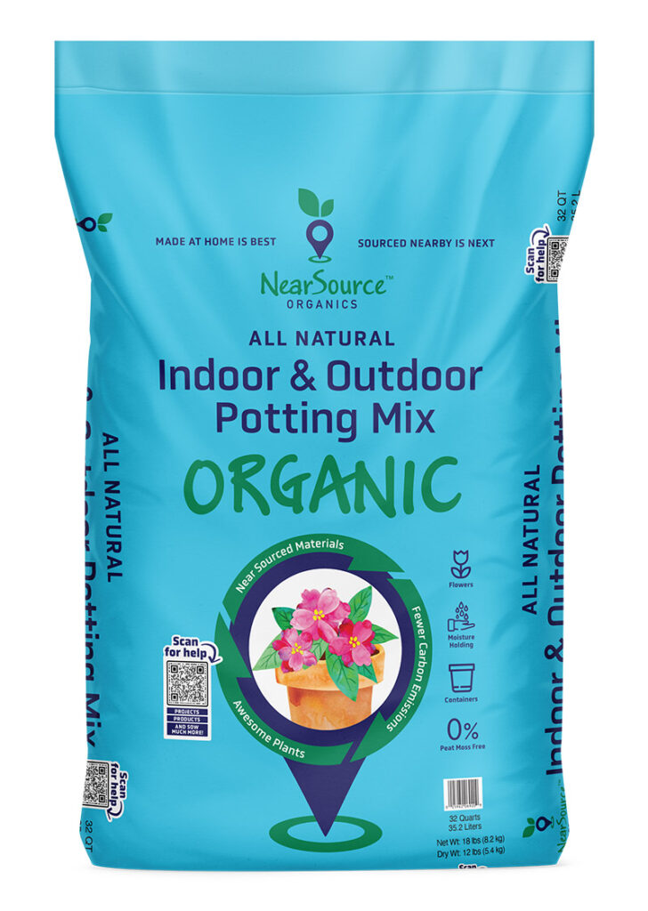Blue bag of All Natural Indoor and Outdoor Potting Mix by NearSource Organics