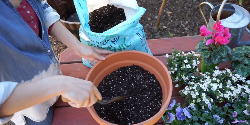 A woman scooping potting soil into a pot with a small gardening shovel